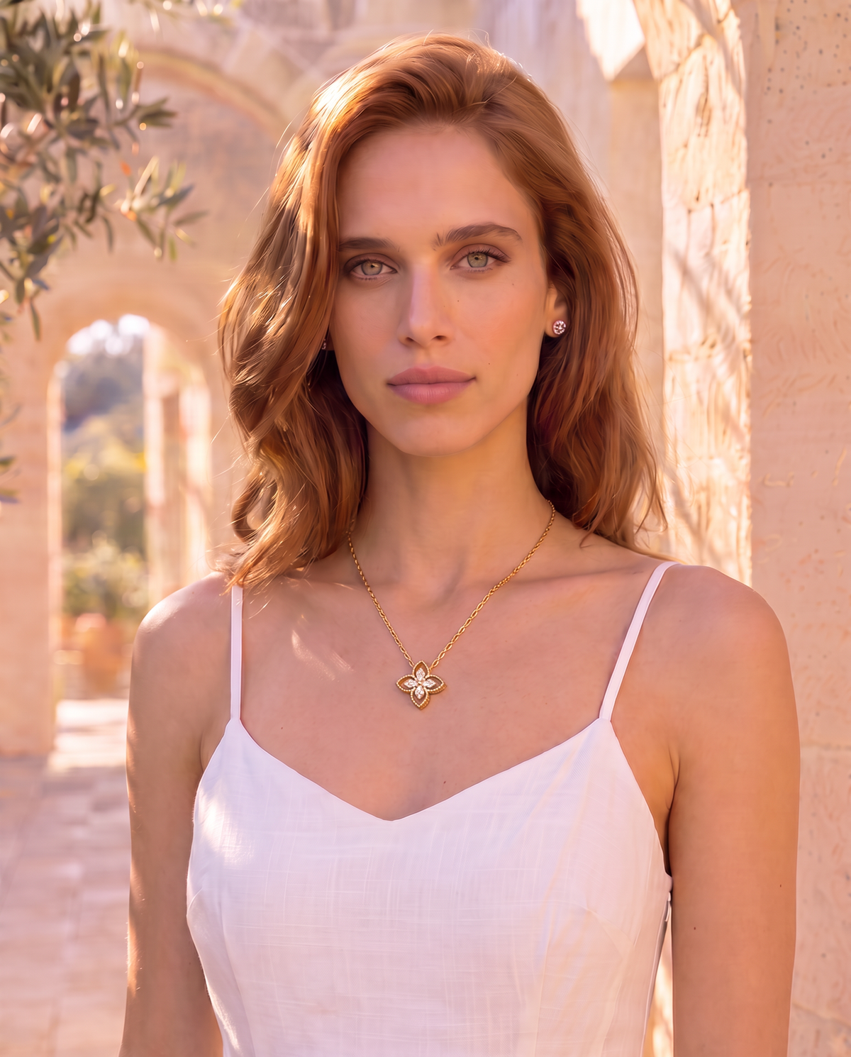 קלוז־אפ של אלארה עונדת שרשרת תלתן משובצת — OR THE JEWELER
